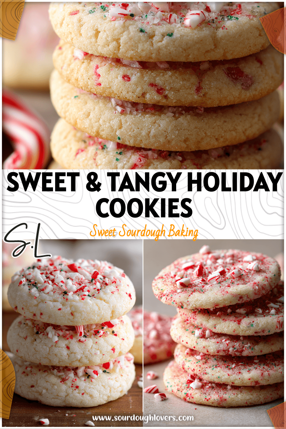 Stacked peppermint sourdough sugar cookies with crushed candy canes, perfect for Holiday Bakery Treats.